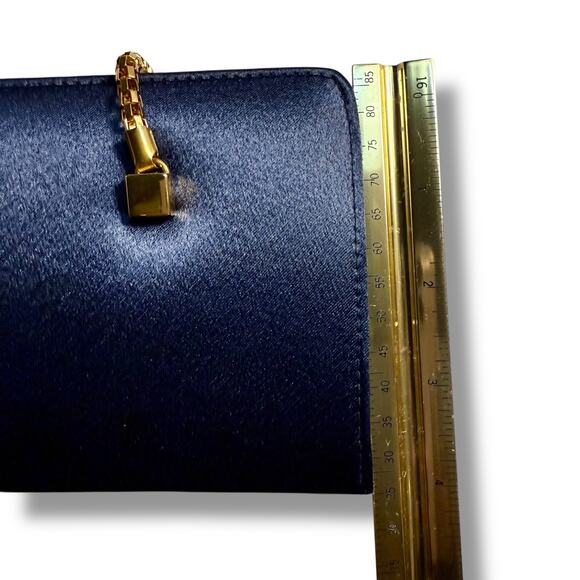 La Regale Evening Mini Cocktail Bag Navy Blue Satin Gold Tone Mesh Chain Handles - Picture 8 of 11